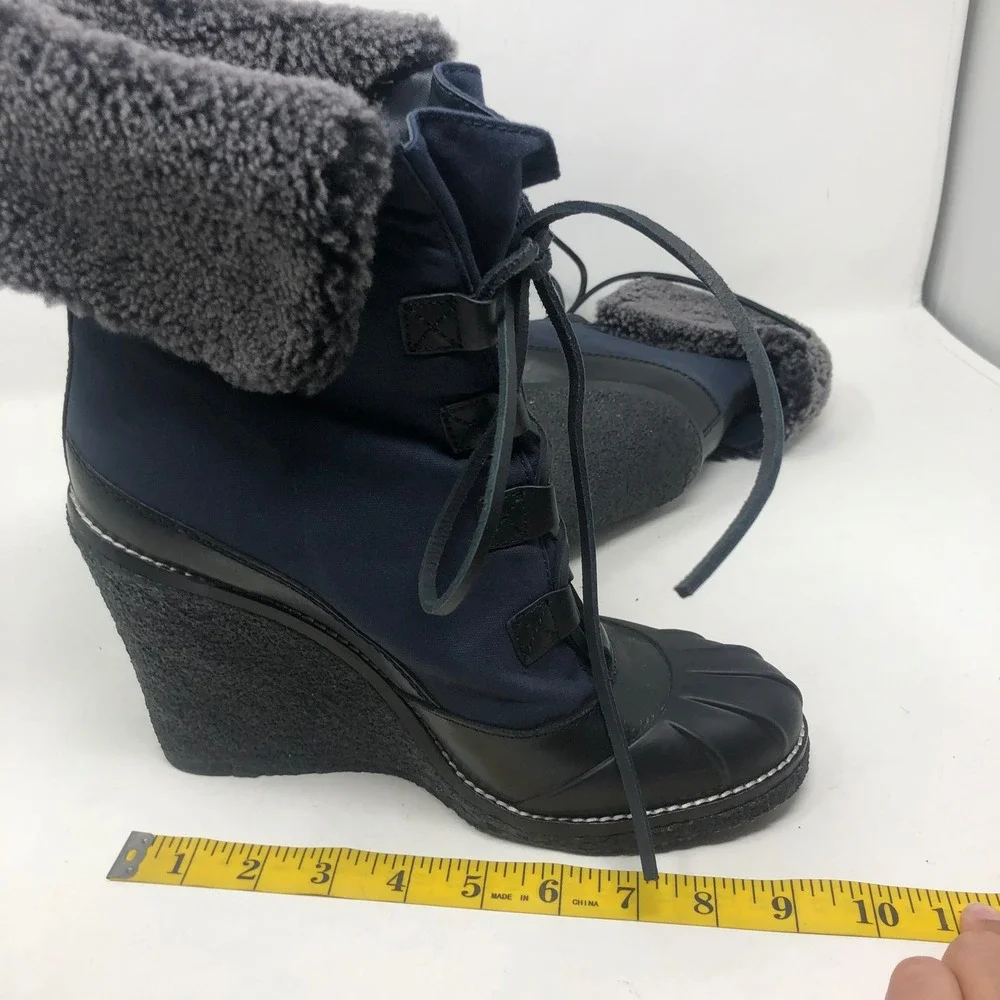 Tory Burch Fairfax 105MM Bootie Womens 11 Navy Black Wedge Faux Fur Luxury Ski
